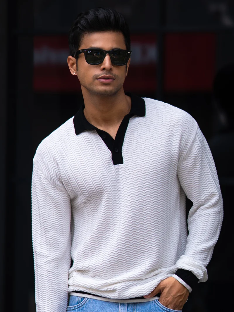 Maniac  Maniac Mens textured wave polo neck full sleeve half zipper white and black cotton t-shirt for Men | Best Price UAE